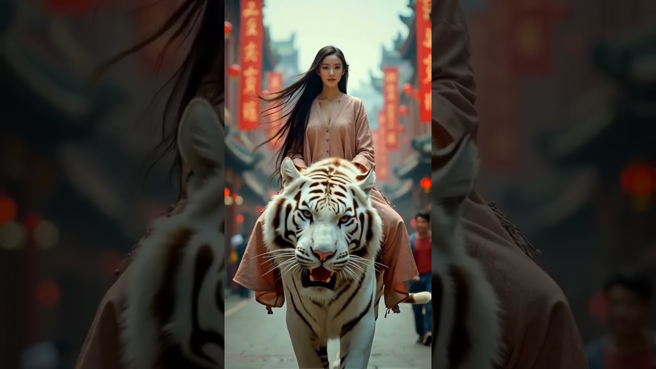 Beautiful woman rides a fierce tiger and walks on the road.